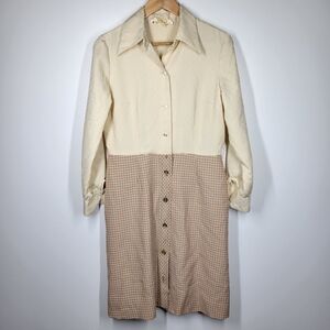 Vintage 70s California Girl Cream Houndstooth Button Up Shirt Dress Small READ